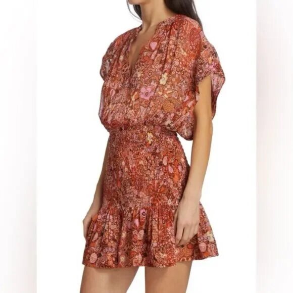 A.L.C. Carly Floral Silk Smocked Mini Dress Cap Sleeve Multicolor Chiffon - Picture 3 of 16